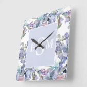 パステルピンクパープルダスティブルーブルーフローラモノグラム スクエア壁時計 (傾斜)