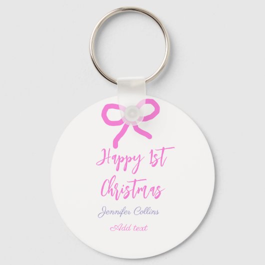 パステルピンクパープルハッピー1stクリスマスボウ名da キーホルダー (正面)