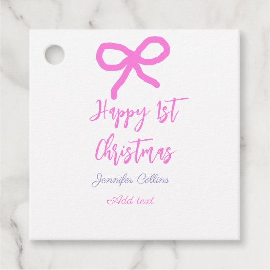 パステルピンクパープルハッピー1stクリスマスボウ名da フェイバータグ (正面)