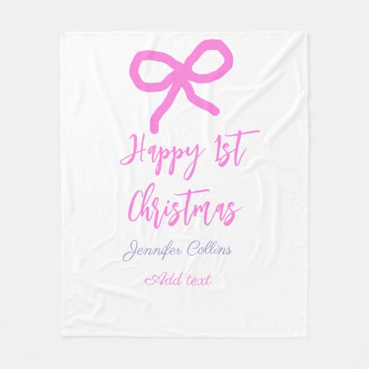 パステルピンクパープルハッピー1stクリスマスボウ名da フリースブランケット (正面)