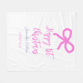 パステルピンクパープルハッピー1stクリスマスボウ名da フリースブランケット (正面(横))