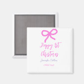 パステルピンクパープルハッピー1stクリスマスボウ名da マグネット (正面/裏面)