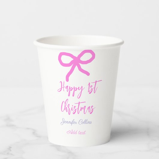 パステルピンクパープルハッピー1stクリスマスボウ名da 紙コップ (正面)