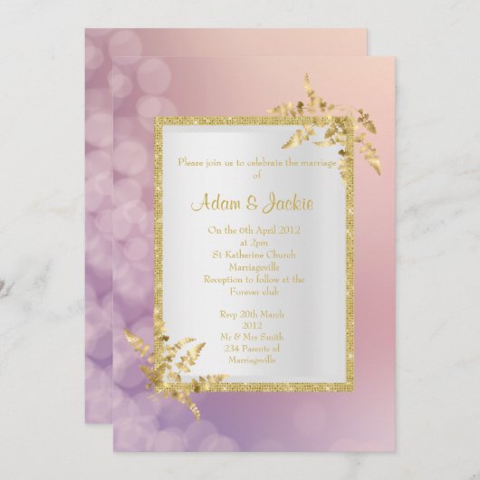 パステルピンクパープル金ゴールドリーフエレガントな結婚式 招待状 (正面/裏面)