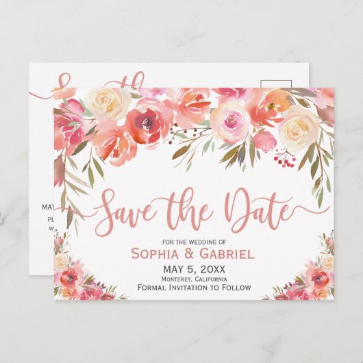 パステルピンクピーチバラフローラ保存日付 案内ポストカード (正面/裏面)