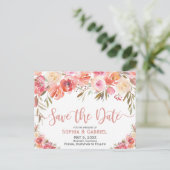 パステルピンクピーチバラフローラ保存日付 案内ポストカード (スタンド正面)