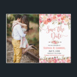 パステルピンクピーチバラフローラ写真の保存日付 案内ポストカード<br><div class="desc">美しいパステルピンクの桃のバラフローラ写真は日付はがきを保存。白エレガントい背景に緑のフローラを持つ離れ、ピンクの桃の水色のバラ結婚、植物性のデザインの。手書きエレガントタイポグラフィデザインと文字「Save the Date」と1枚(1)の縦写真を特徴とする。ロマンチックな春や夏の結婚式や任意のシーズンのための完璧なチョイス。#3341何もしか救済書一致の品が欲しい。</div>