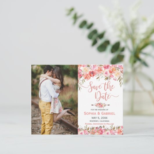 パステルピンクピーチバラフローラ写真の保存日付 案内ポストカード (スタンド正面)