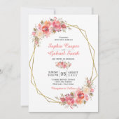 パステルピンクピーチバラフローラ | 金ゴールドフレ結婚ーム 招待状 (正面)