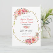 パステルピンクピーチバラフローラ | 金ゴールドフレ結婚ーム 招待状 (スタンド正面)