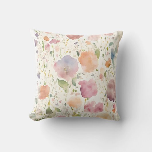 パステルピンクピーチ薄紫ワイルドフラワーズ花模様バイアヴァ クッション (正面)