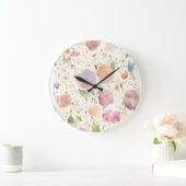 パステルピンクピーチ薄紫ワイルドフラワーズ花模様バイアヴァ ラージ壁時計 (ホーム)