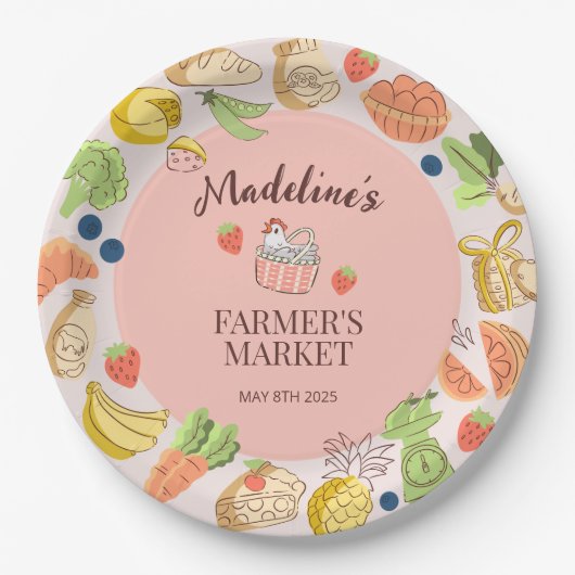 パステルピンクファーマーズマーケットフルーツ&野菜 ペーパープレート (正面)