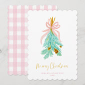 パステルピンクファームハウスチェッククリスマスミストルー シーズンカード (正面/裏面)