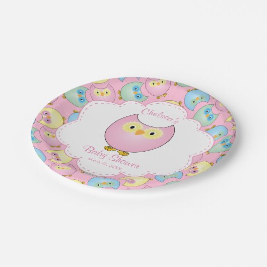 パステルピンクフクロウベビーシャワーテーマ ペーパープレート (アングル)