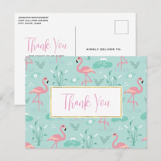 パステルピンクフラミンゴスグリーンパターンありがとう ポストカード (正面/裏面)
