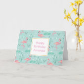 パステルピンクフラミンゴスグリーンパターン誕生日 カード (黄色い花)