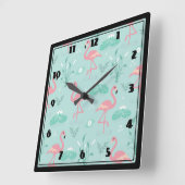 パステルピンクフラミンゴスグリーンパターン スクエア壁時計 (傾斜)
