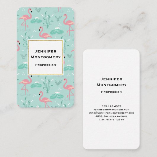 パステルピンクフラミンゴスグリーンパターン 名刺 (正面/裏面)