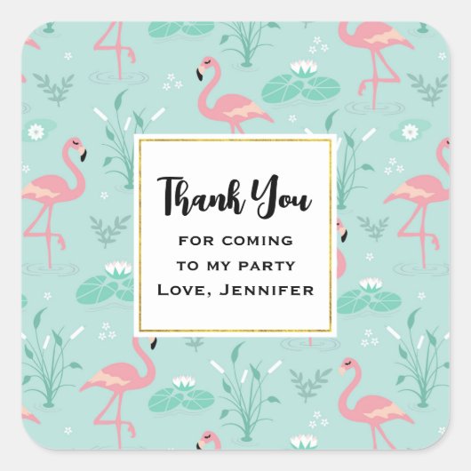 パステルピンクフラミンゴスパターンパーティー有難う スクエアシール (正面)