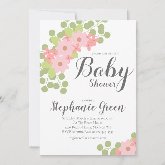 パステルピンクフラワーズベビーシャワー招待状 招待状 (正面)