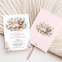 パステルピンクフローラウッドランドアニマルズベビーシャワー 招待状