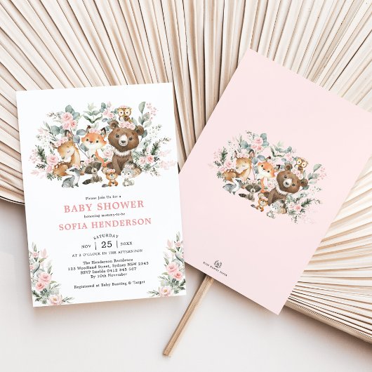 パステルピンクフローラウッドランドアニマルズベビーシャワー 招待状