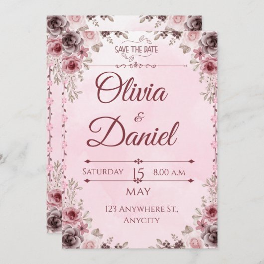 パステルピンクフローラエレガントな結婚式の招待状 招待状 (正面/裏面)