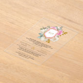 パステルピンクフローラクレストモノグラム結婚ズ アクリル招待状 (レイダウン)