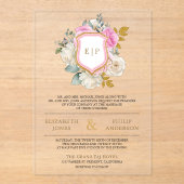 パステルピンクフローラクレストモノグラム結婚ズ アクリル招待状 (正面)