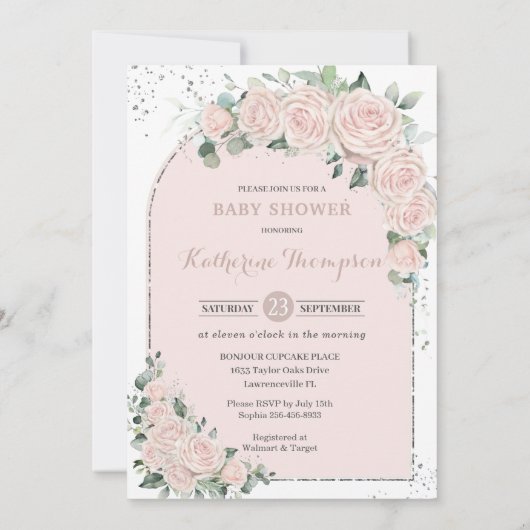 パステルピンクフローラシルバーベイビーシャワーフォトアーチ 招待状 (裏面)