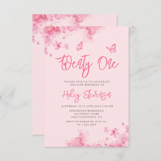 パステルピンクフローラソフトウォーター色21st誕生日 招待状 (正面/裏面)