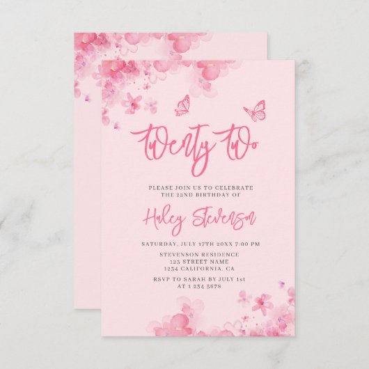 パステルピンクフローラソフトウォーター色22誕生日I 招待状 (正面/裏面)