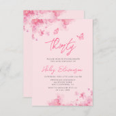 パステルピンクフローラソフトウォーター色30th誕生日 招待状 (正面/裏面)
