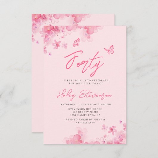 パステルピンクフローラソフトウォーター色40th誕生日 招待状 (正面/裏面)