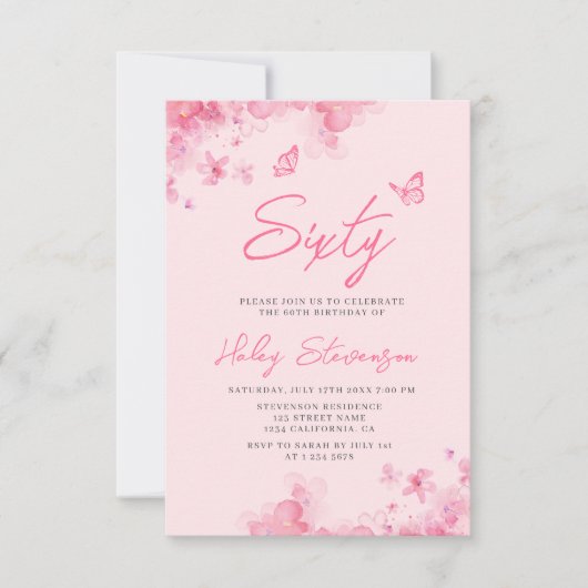パステルピンクフローラソフトウォーター色60誕生日 招待状 (正面)