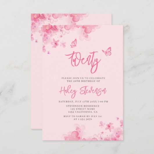 パステルピンクフローラソフトウオータカラー20誕生日 招待状 (正面/裏面)