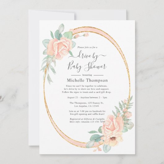 パステルピンクフローラドライブバイシャワー 招待状 (正面)