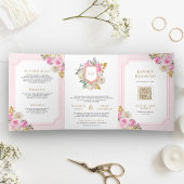 パステルピンクフローラバラオールインワンクレスト結婚ズ 三つ折り招待状
