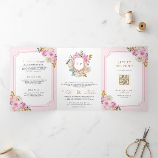 パステルピンクフローラバラオールインワンクレスト結婚ズ 三つ折り招待状 (内部)
