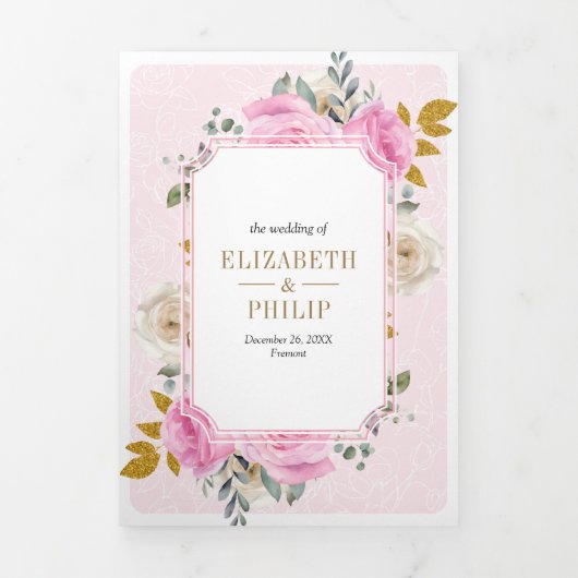 パステルピンクフローラバラオールインワンクレスト結婚ズ 三つ折り招待状 (カバー)