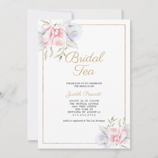 パステルピンクフローラブライダルティーパーティーブライダルシャワー 招待状 (正面)