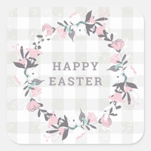 パステルピンクフローラリースハッピーイースタープレゼント スクエアシール (正面)