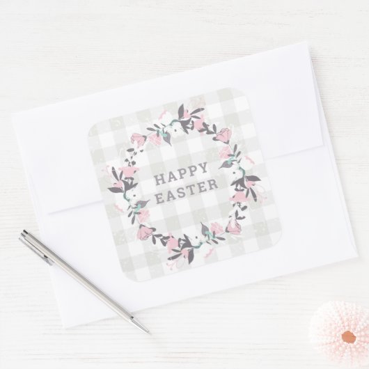 パステルピンクフローラリースハッピーイースタープレゼント スクエアシール (封筒)