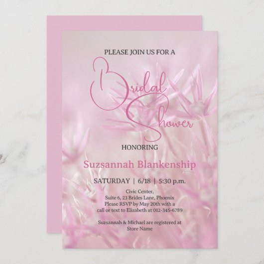 パステルピンクフローラ背景ブライダルシャワー 招待状 (正面/裏面)