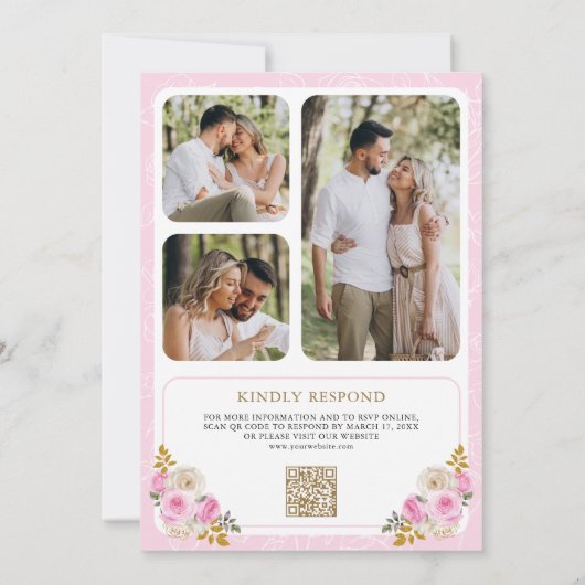 パステルピンクフローラQRコードフォトクレスト結婚ズ 招待状 (裏面)