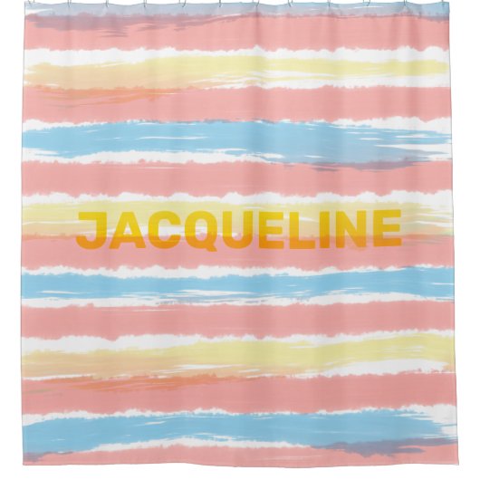 パステルピンクブルーイエローストライプの黄色の名前 シャワーカーテン (正面)
