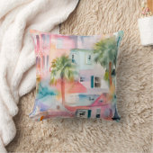 パステルピンクブルーウォーターカラーハウズパームツリーズ クッション (ブランケット)