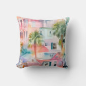パステルピンクブルーウォーターカラーハウズパームツリーズ クッション (正面)