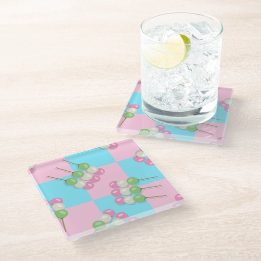 パステルピンクブルーダ市松模様にンゴコースター ガラスコースター (アングル)